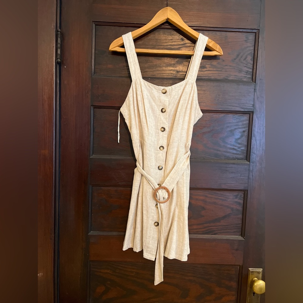Altar’s State linen-feel, oat color mini dress. Functional buttons with belt.